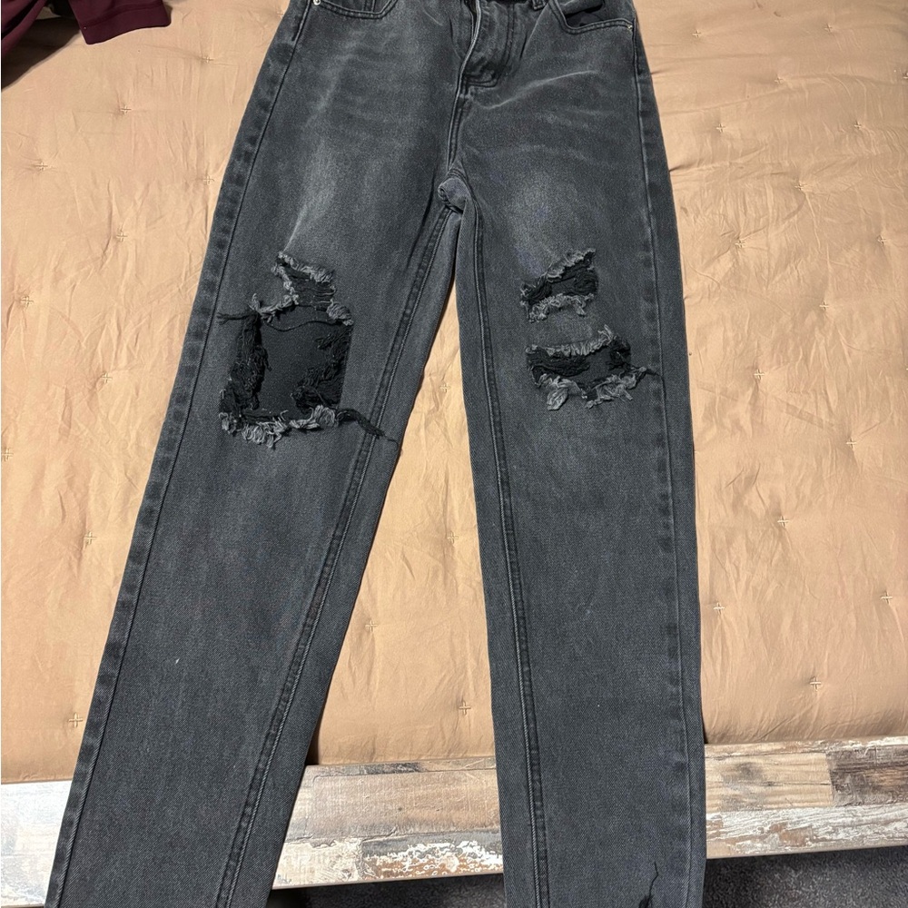 SHEIN Charcoal Distressed Flare Jeans
